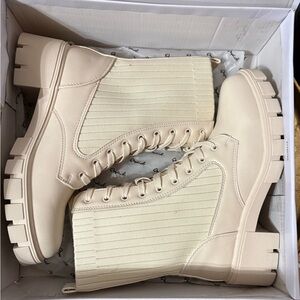 Qupid Cream Ribbed Lace-Up Chunky Combat Booties